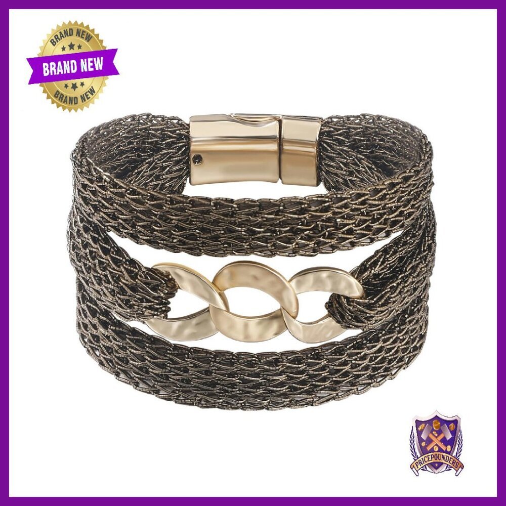 Multi Chain Mesh Wrap Bracelet with Orb Circles Statement Jewelry
